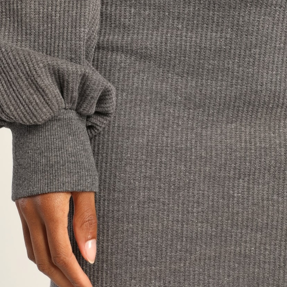 Lulus Upbeat Energy Heather Grey Waffle Knit Hooded Sweatshirt Dress W-829 Sz L - Picture 5 of 14